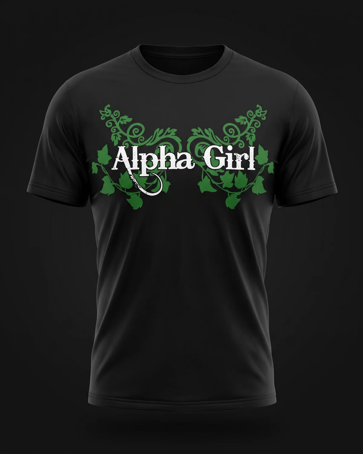 Black tee printed with the Alpha Girl wordmark inside green ivy