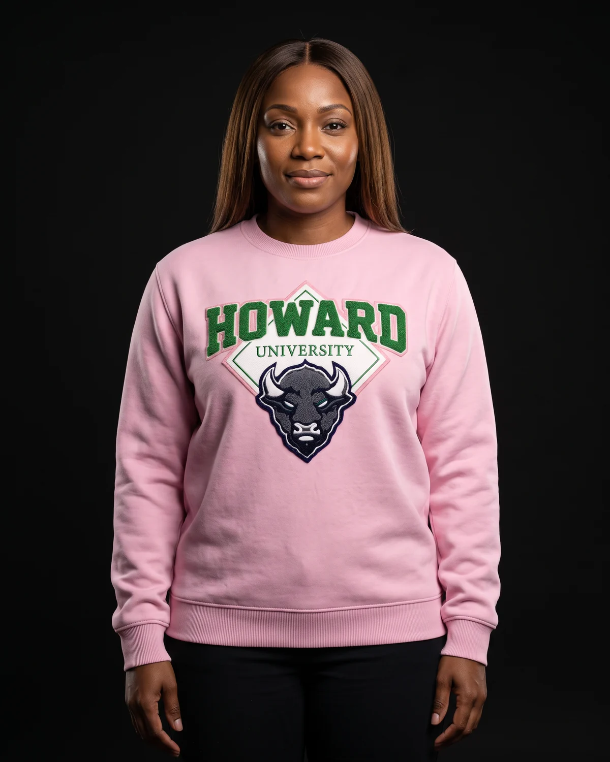 Model in a pink university crew neck